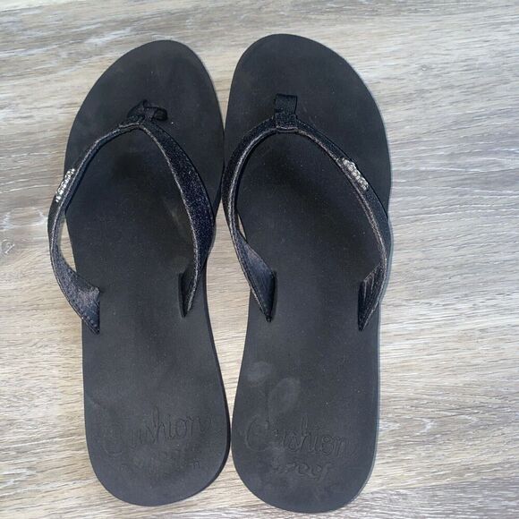 Reef Cushion Black Soft Rubber Insoles Flip Flops Women's sz 11 - Picture 1 of 10